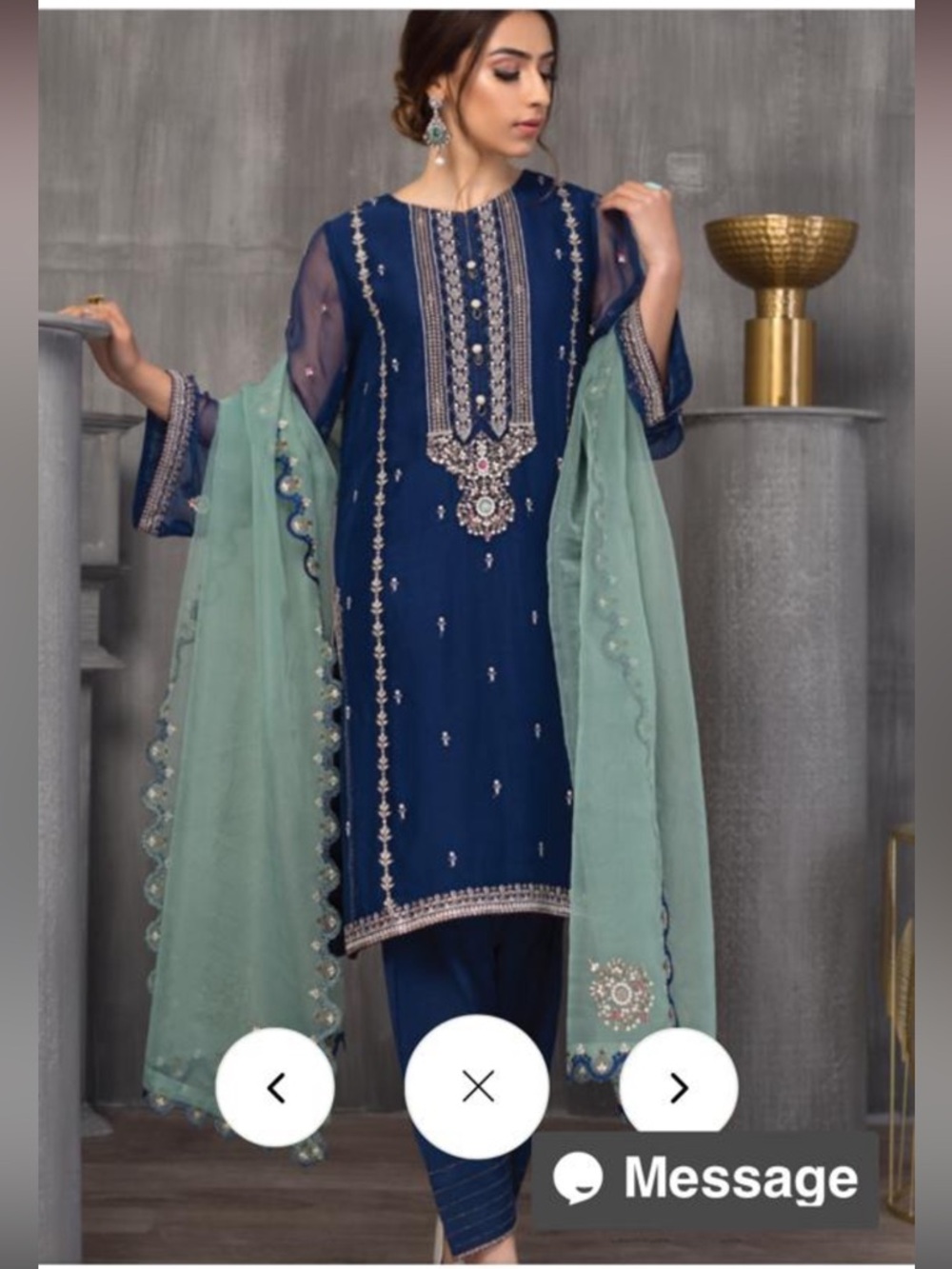 Elegant Blue and Green Embroidered Outfit